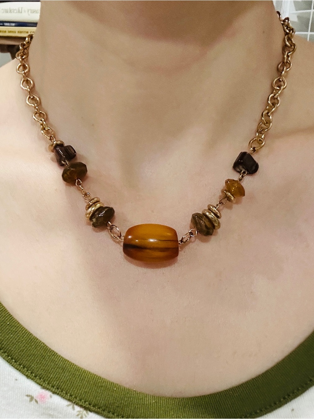 Gold Chain Necklace with Amber and Brown Beads - Unbranded
